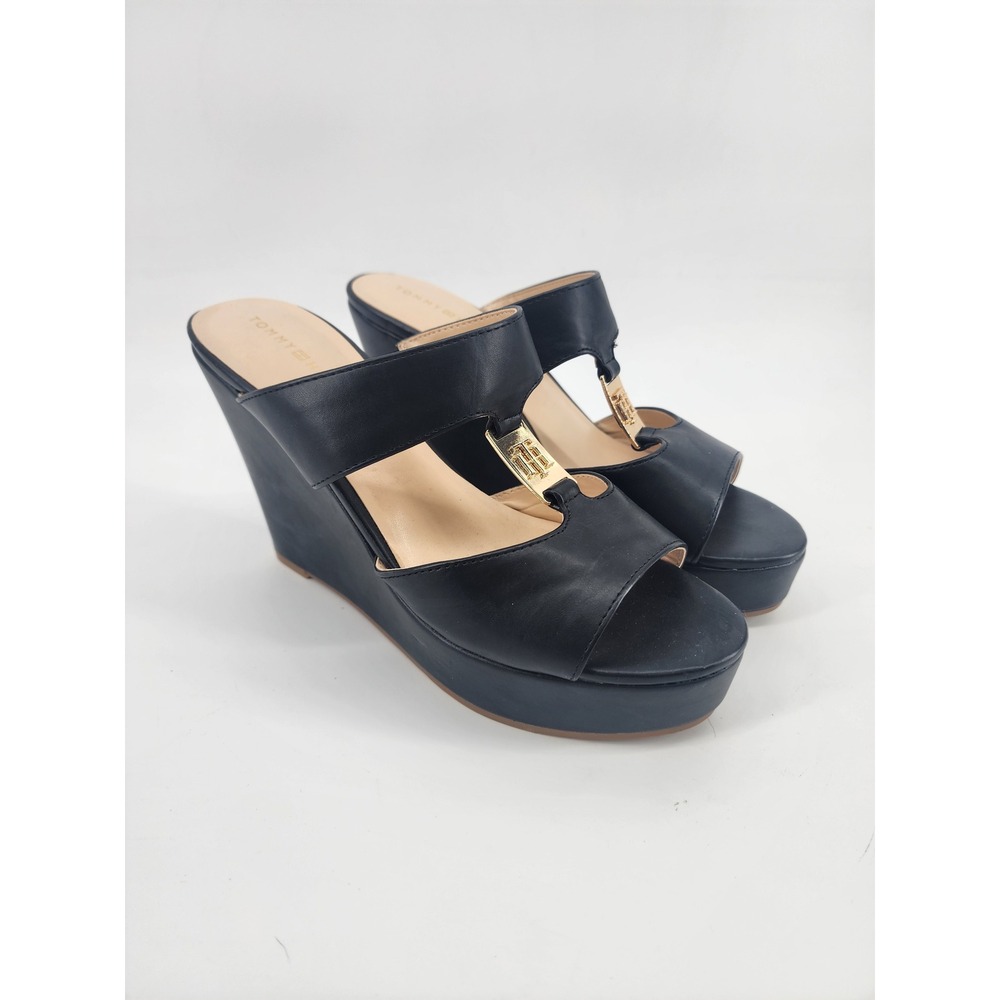 Tommy Hilfiger Womens Blackβ Leather Wedge Platform Sandals Gold Logo Size 9M